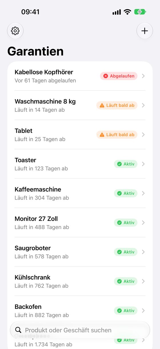 Die Liste der Garantien, nach Ablaufdatum sortiert