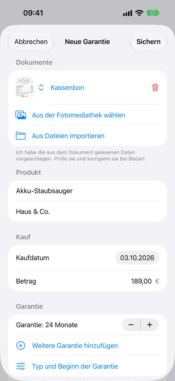 Ein Produkt aus einem fotografierten Kassenbon hinzufügen