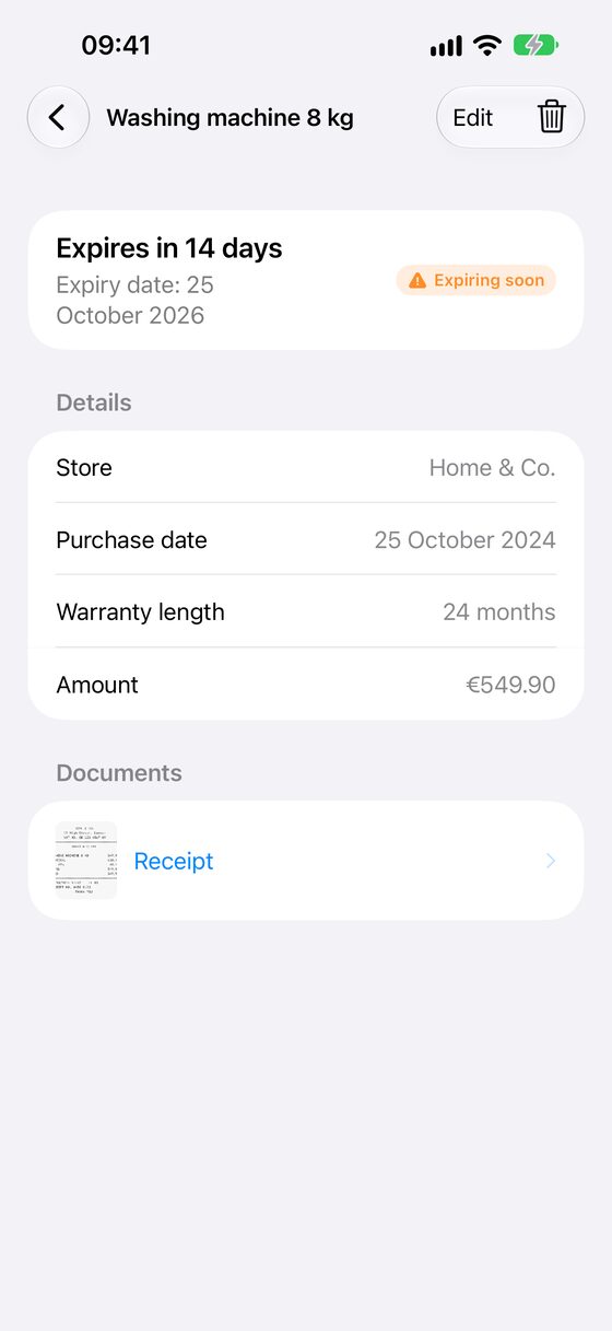 A warranty with its receipt