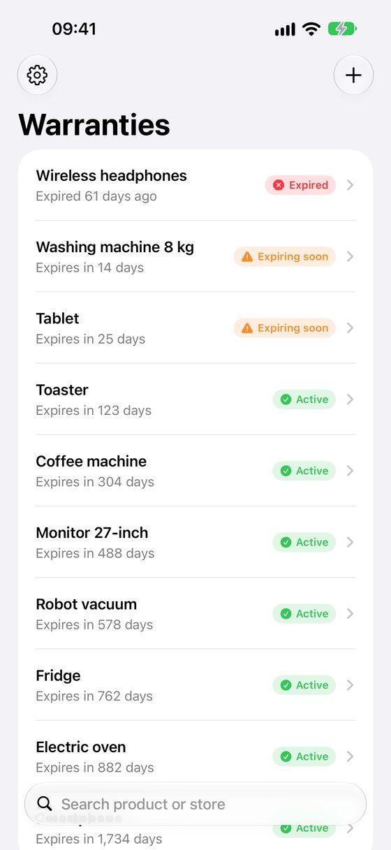 The list of warranties, ordered by expiry date
