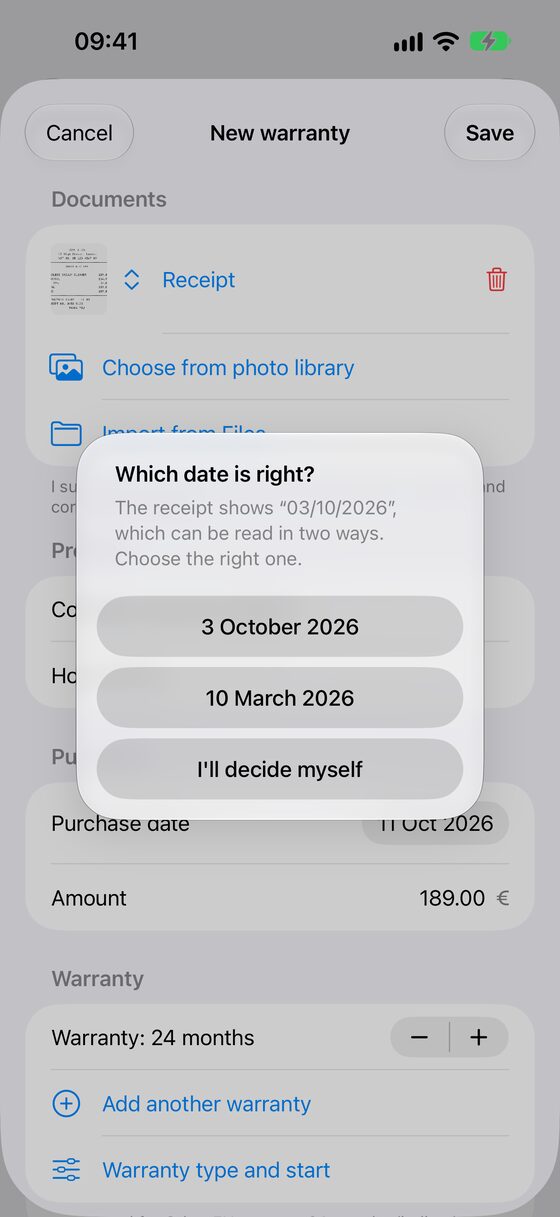 Adding a product from a photographed receipt