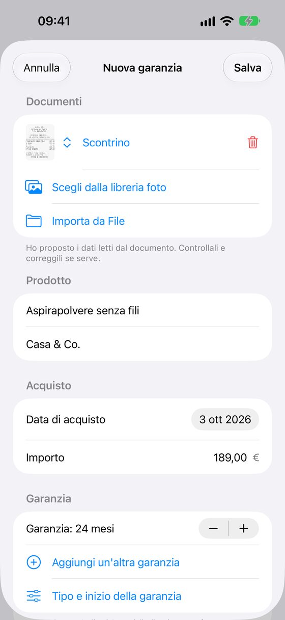 Aggiunta di un prodotto da uno scontrino fotografato